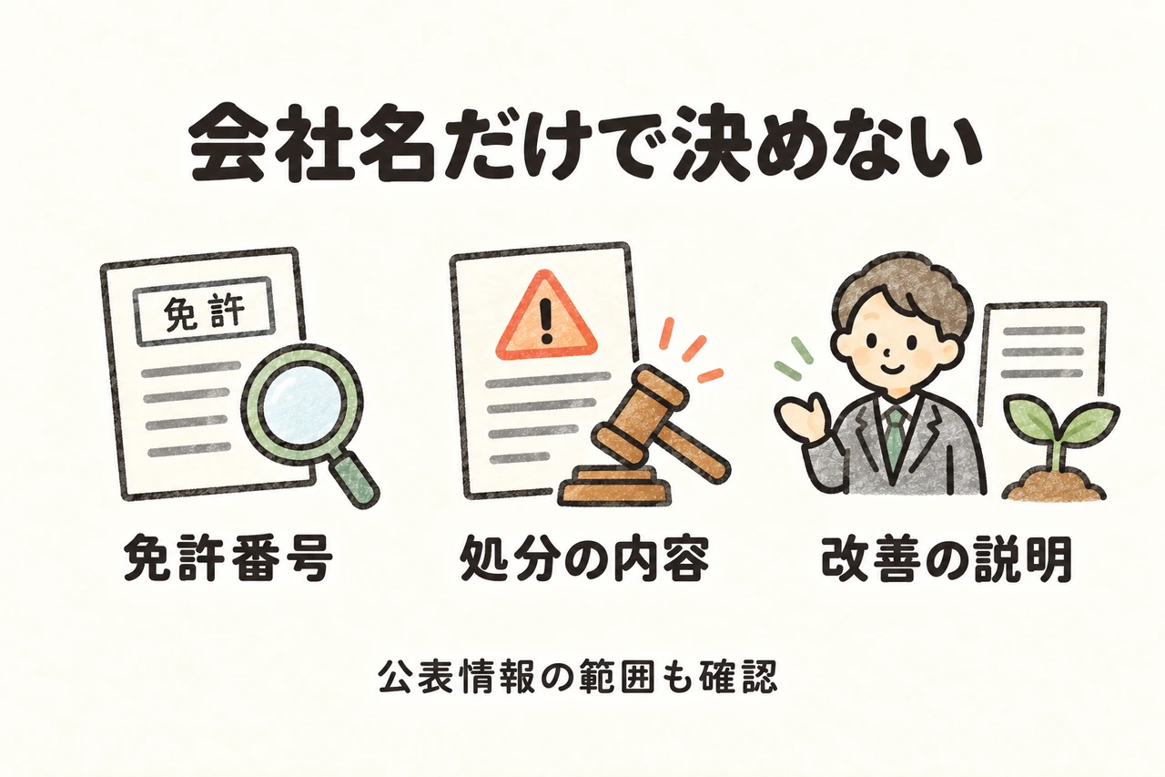 正式社名と免許番号を照合し、処分の種類・理由・日付、その後の改善を確認します。公表情報には対象範囲があり、検索結果がないことだけで安全とは断定できません。