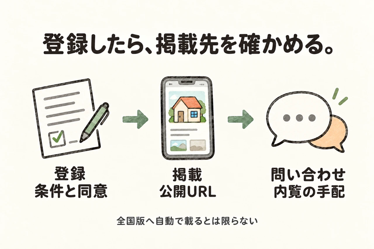 登録したら、掲載先を確かめる。。登録：条件と同意。掲載：公開URL。問い合わせ：内覧の手配。全国版へ自動で載るとは限らない
