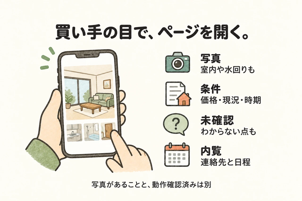 買い手の目で、ページを開く。。写真：室内や水回りも。条件：価格・現況・時期。未確認：わからない点も。内覧：連絡先と日程。写真があることと、動作確認済みは別