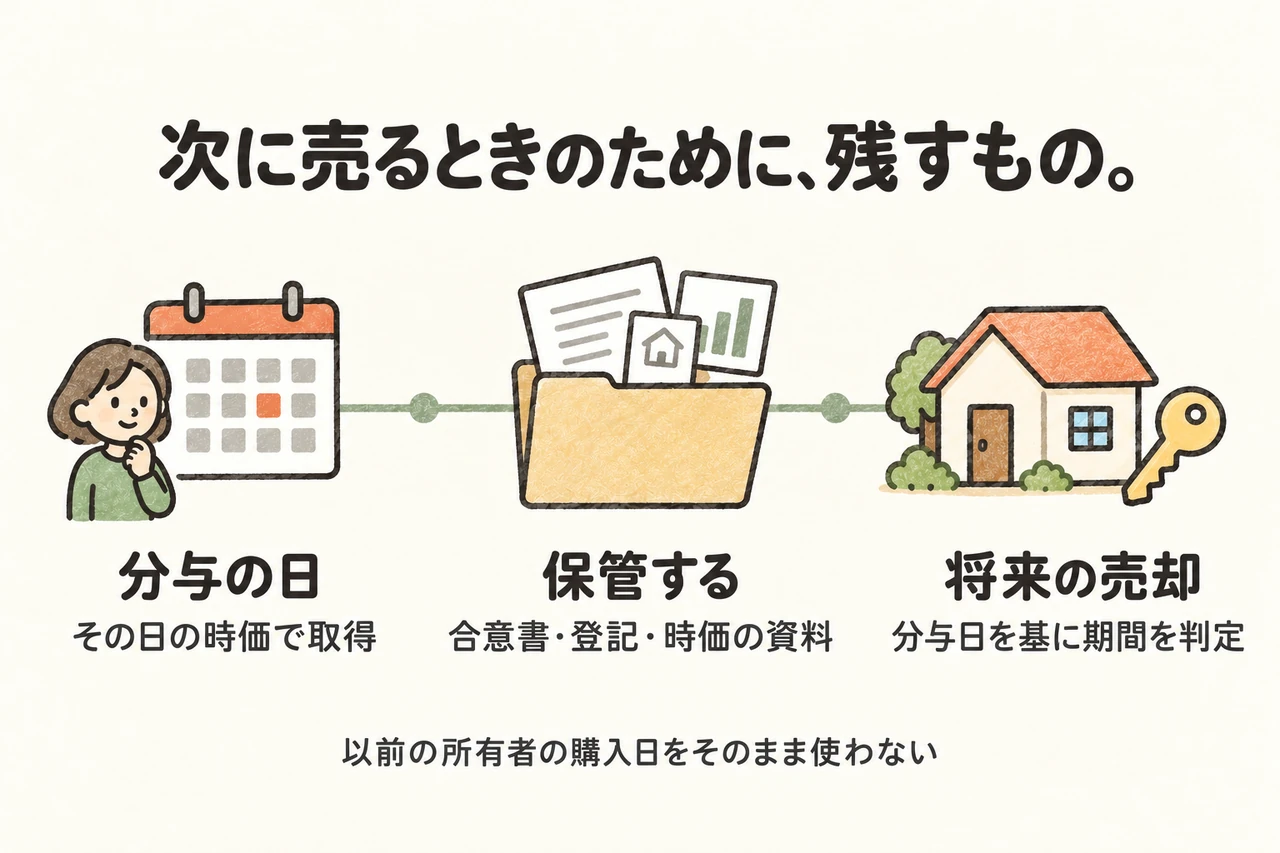 次に売るときのために、残すもの。。分与の日：その日の時価で取得。保管する：合意書・登記・時価の資料。将来の売却：分与日を基に期間を判定。以前の所有者の購入日をそのまま使わない