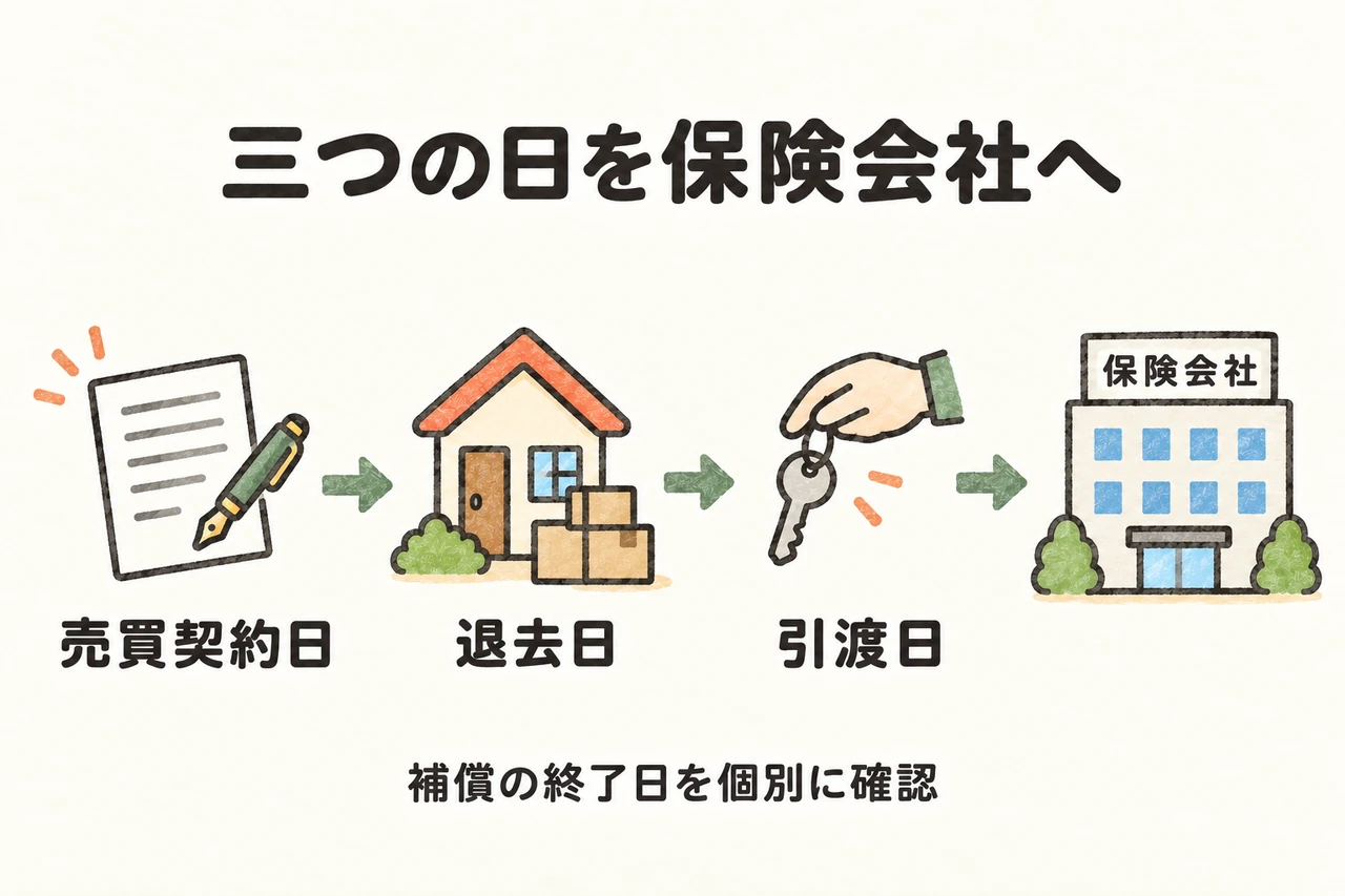 売買契約日、退去日、引渡日を保険会社へ伝えます。所有権が移る日や約款、利用状況も踏まえて補償の終了・開始日を個別に確認してください。