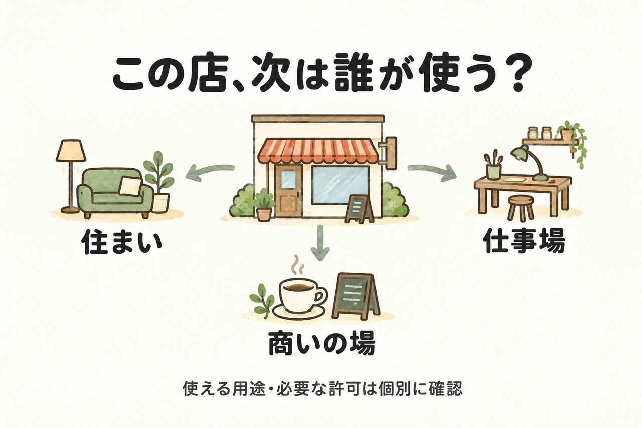 この店、次は誰が使う？。住まい。仕事場。商いの場。使える用途・必要な許可は個別に確認