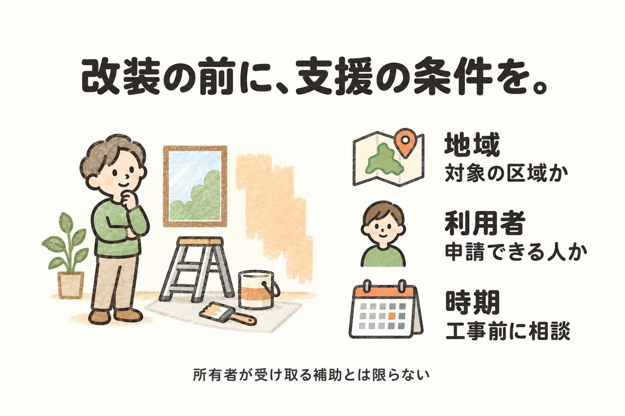 改装の前に、支援の条件を。。地域：対象の区域か。利用者：申請できる人か。時期：工事前に相談。所有者が受け取る補助とは限らない