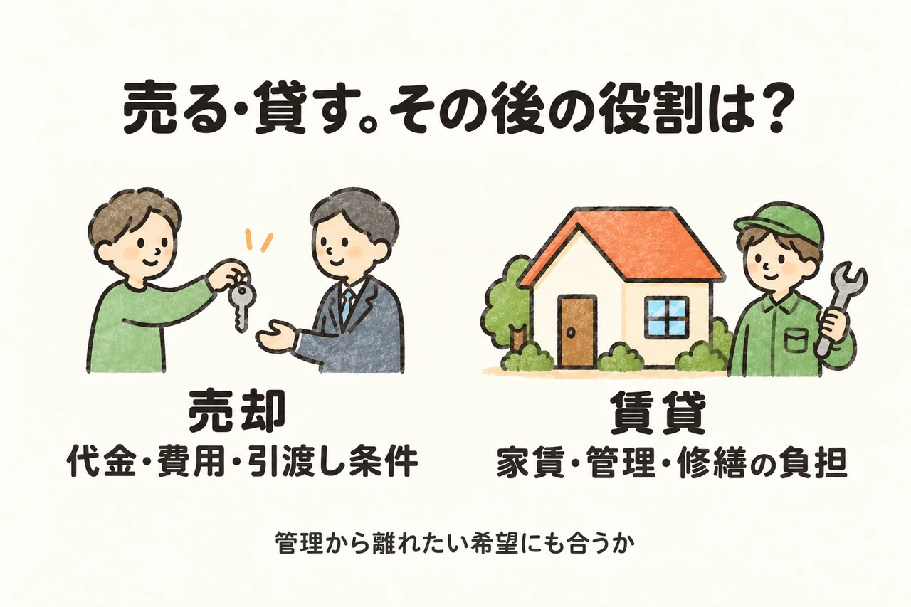 売る・貸す。その後の役割は？。売却：代金・費用・引渡し条件。賃貸：家賃・管理・修繕の負担。管理から離れたい希望にも合うか