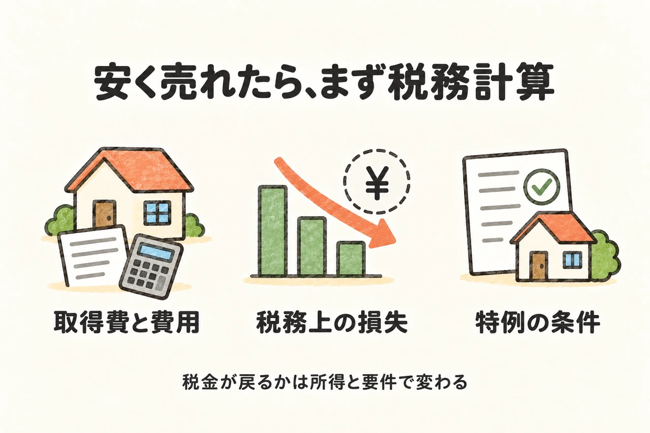 取得費・譲渡費用を計算して税務上の損失を確かめ、その後に特例の条件を確認します。損失額の全額が現金で返る制度ではなく、所得や申告の要件でも結果が変わります。