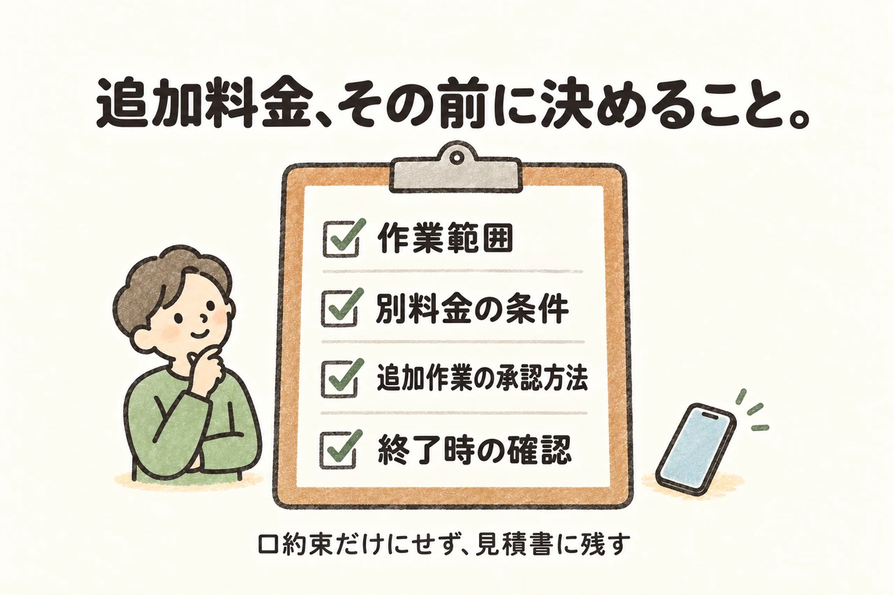 追加料金、その前に決めること。。作業範囲。別料金の条件。追加作業の承認方法。終了時の確認。口約束だけにせず、見積書に残す