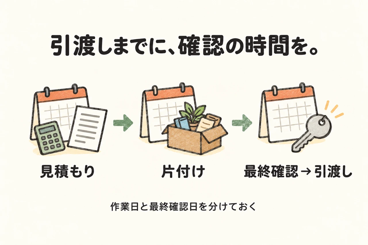 引渡しまでに、確認の時間を。。見積もり。片付け。最終確認 → 引渡し。作業日と最終確認日を分けておく