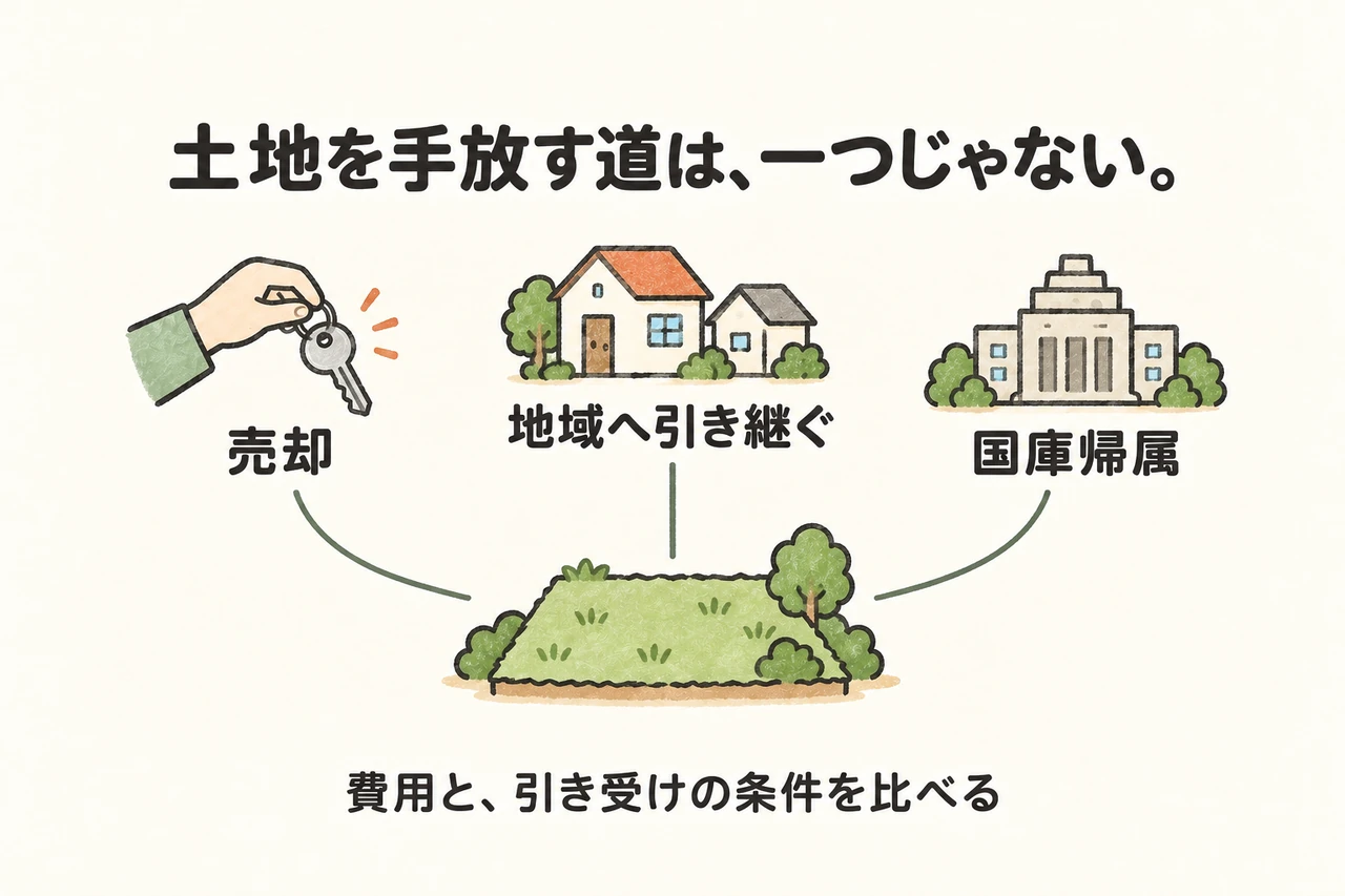 土地を手放す道は、一つじゃない。。売却。地域へ引き継ぐ。国庫帰属。費用と、引き受けの条件を比べる