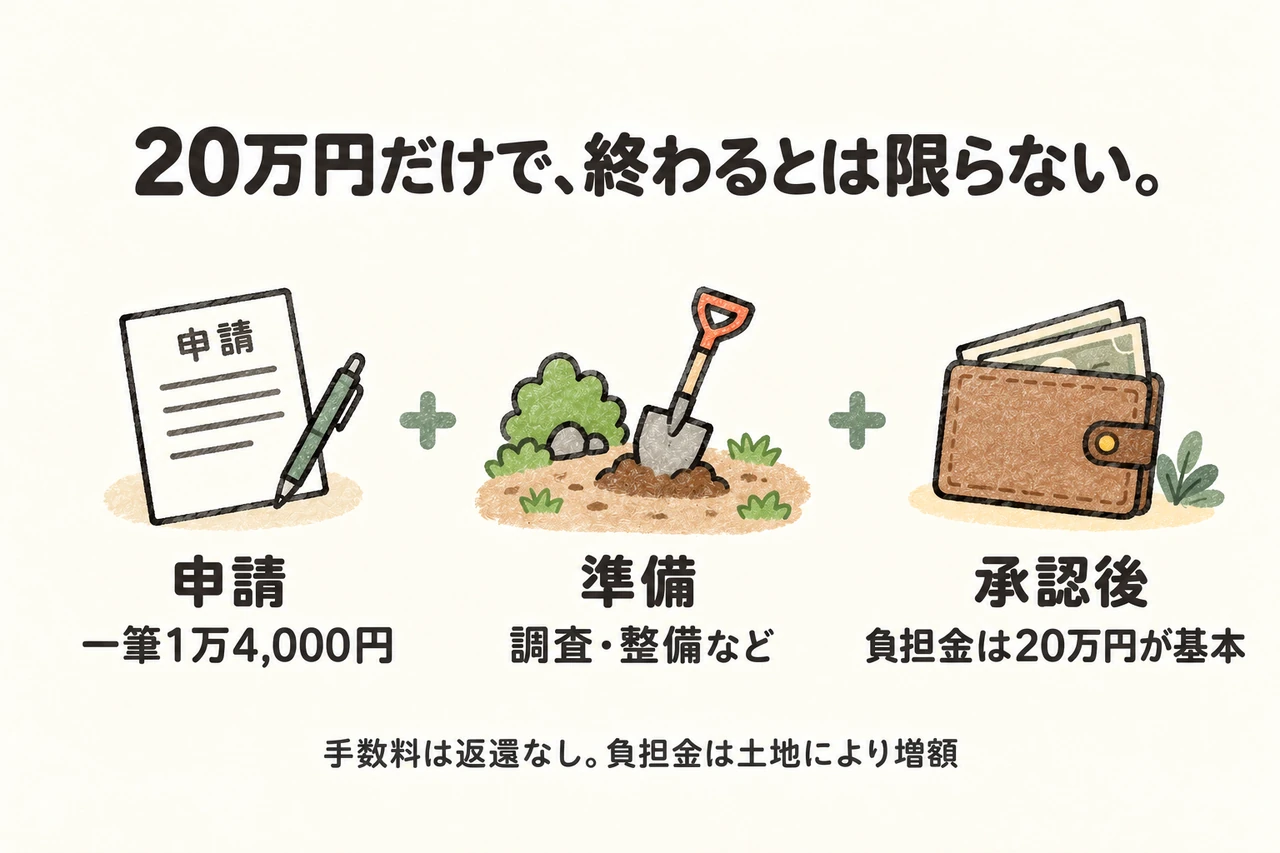 20万円だけで、終わるとは限らない。。申請:一筆1万4,000円。準備:調査・整備など。承認後:負担金は20万円が基本。手数料は返還なし。負担金は土地により増額