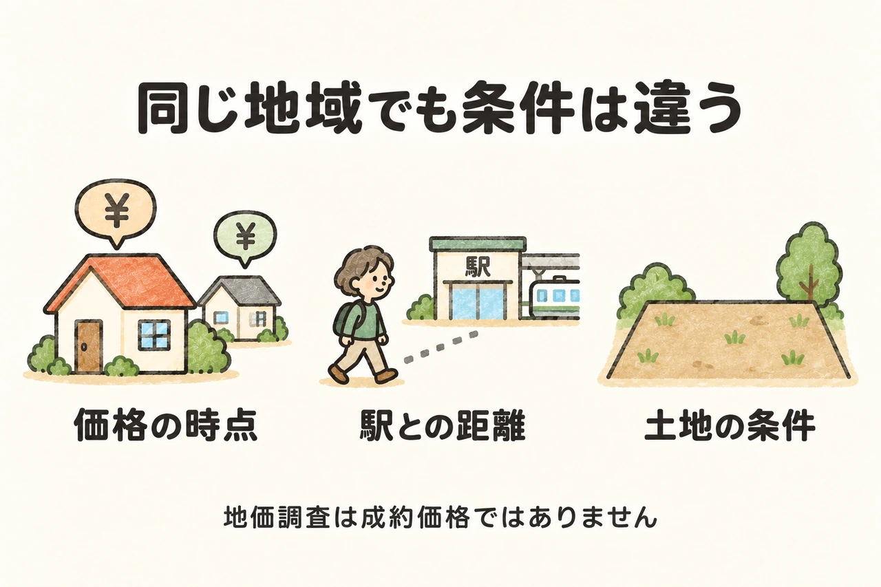 価格の時点、駅との距離、土地条件をそろえて比較します。地価調査は個別の土地建物の成約価格を保証するものではありません。