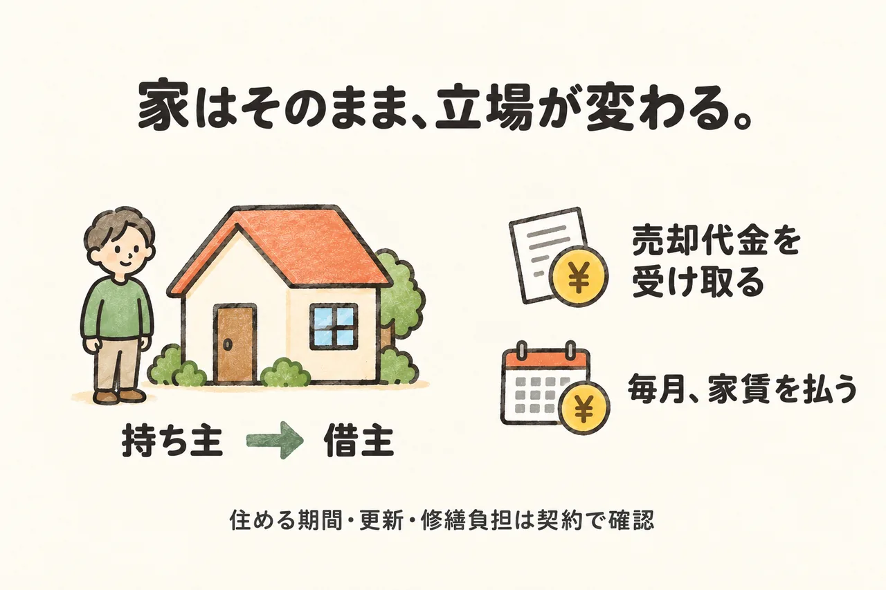 家はそのまま、立場が変わる。持ち主から借主になり、売却代金を受け取り、毎月の家賃を払います。住める期間・更新・修繕負担は契約で確認します。