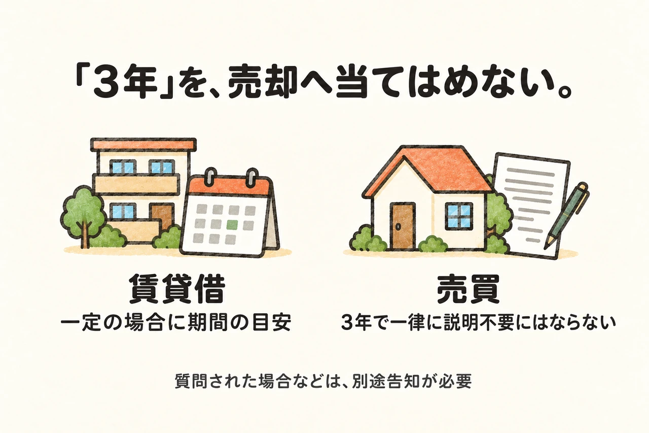「3年」を、売却へ当てはめない。。賃貸借：一定の場合に期間の目安。売買：3年で一律に説明不要にはならない。質問された場合などは、別途告知が必要