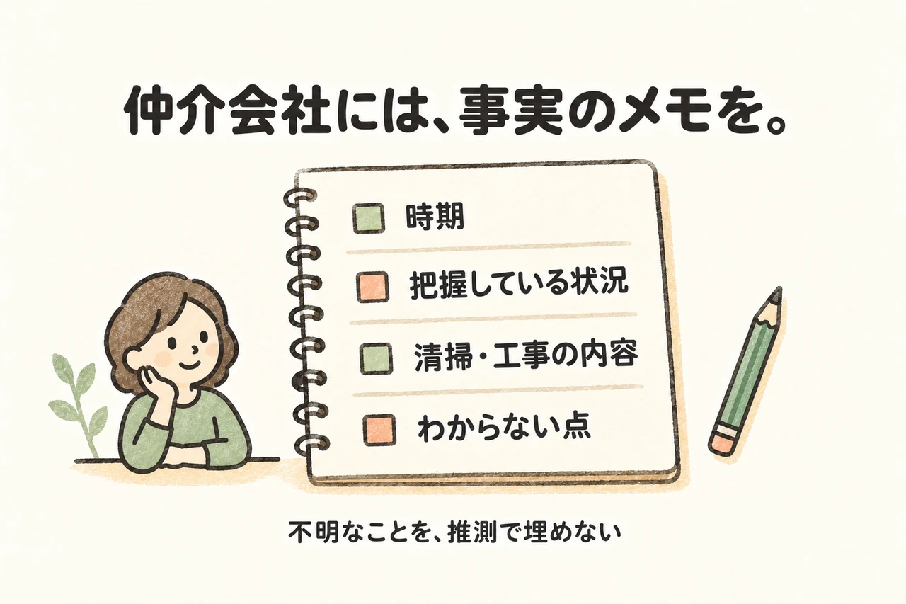 仲介会社には、事実のメモを。。時期。把握している状況。清掃・工事の内容。わからない点。不明なことを、推測で埋めない