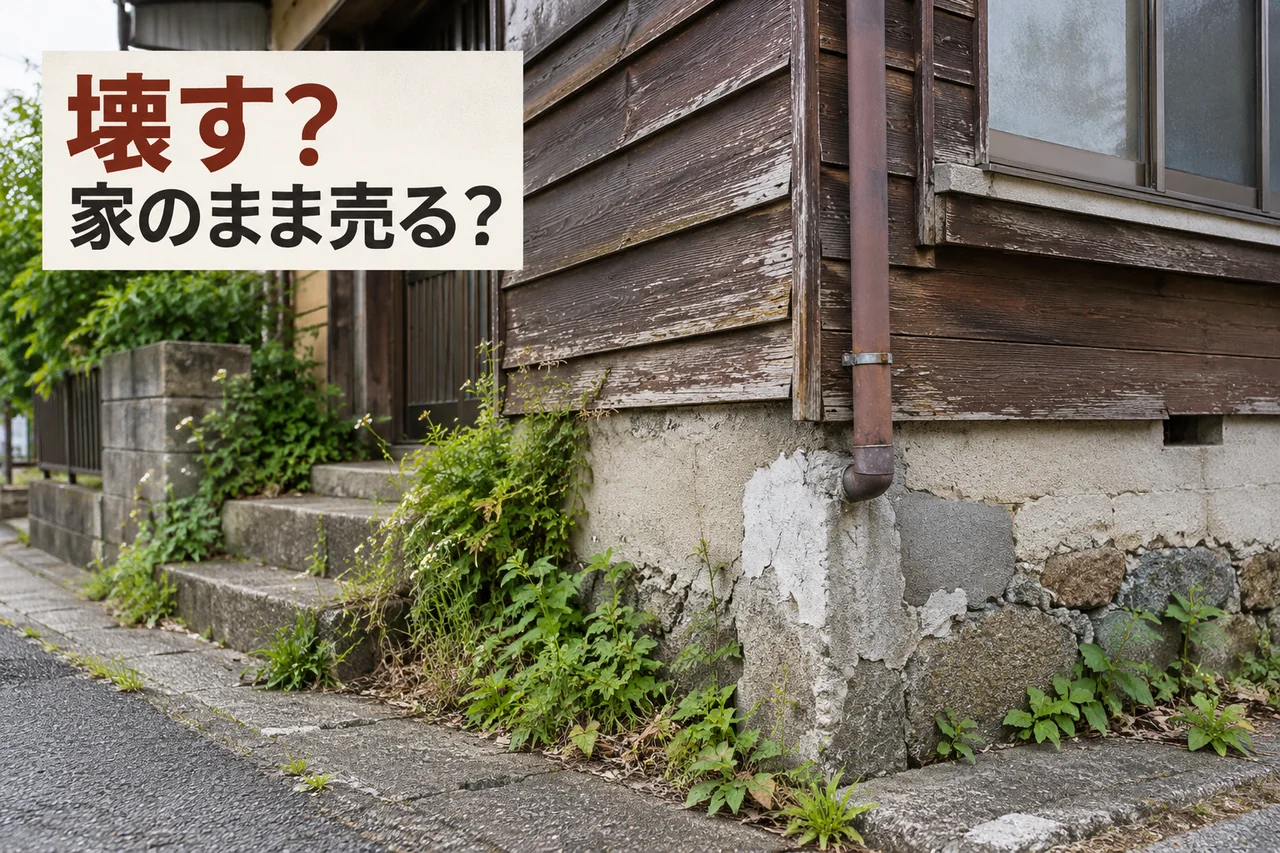 古い家の板壁と補修跡のある基礎の寄り