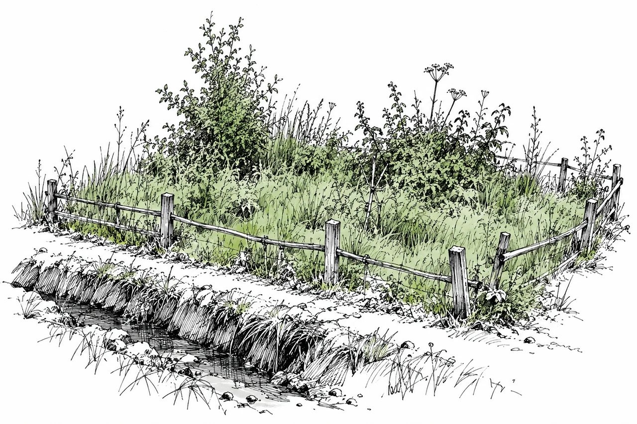 草の伸びた小さな土地と境の柵の線画