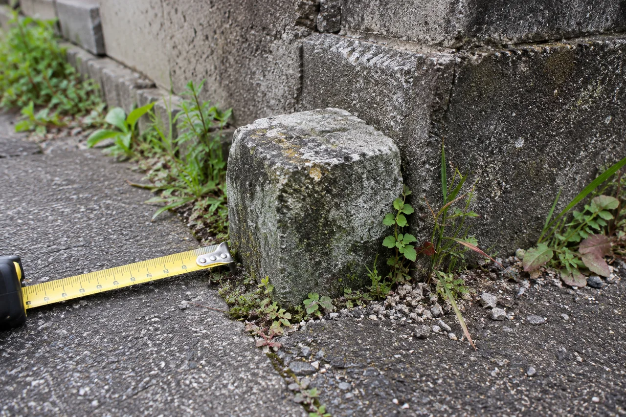 住宅の塀際にある境界標と巻き尺の端