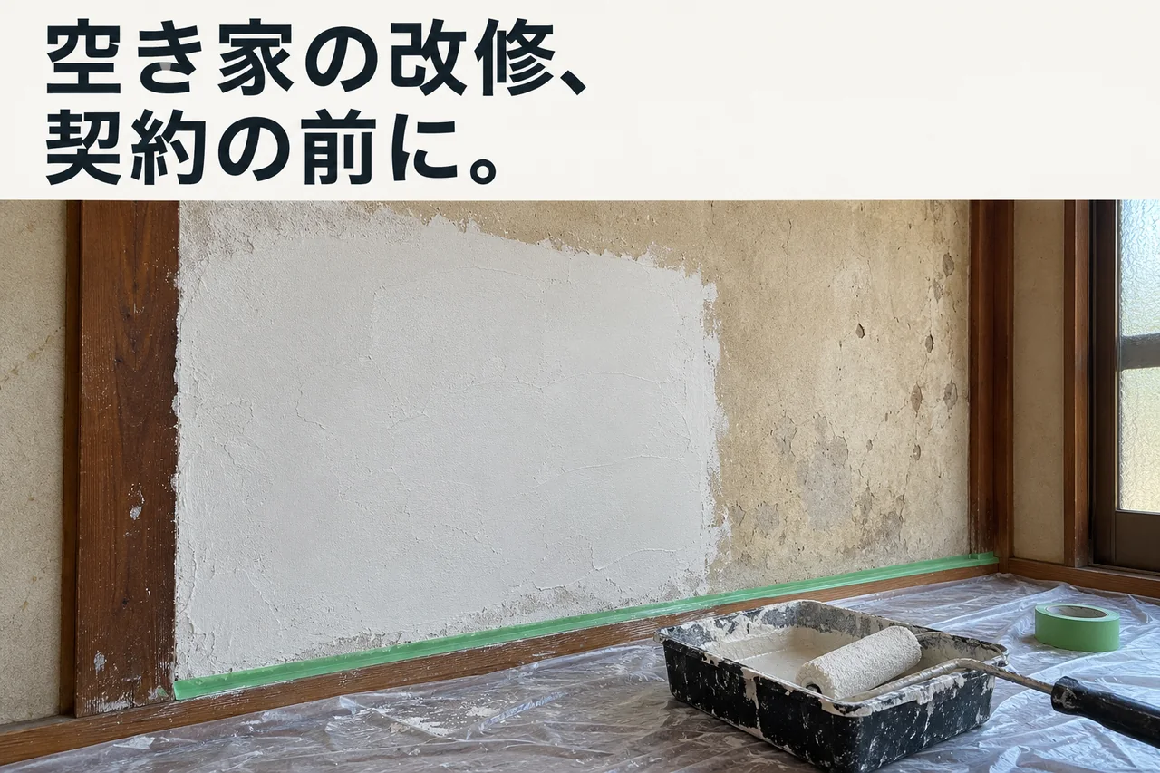 補修途中の古い部屋の壁と養生された床
