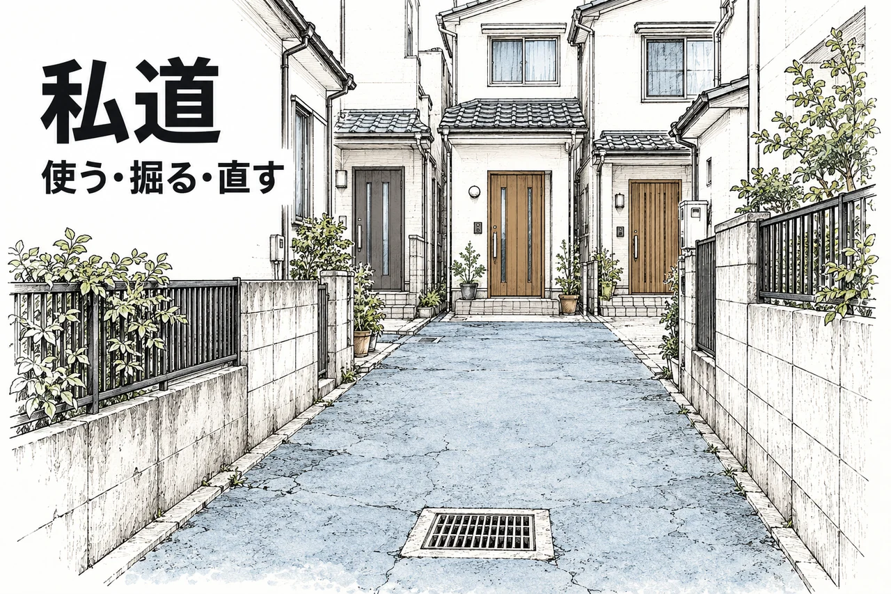 三軒の玄関につながる細い道の線画