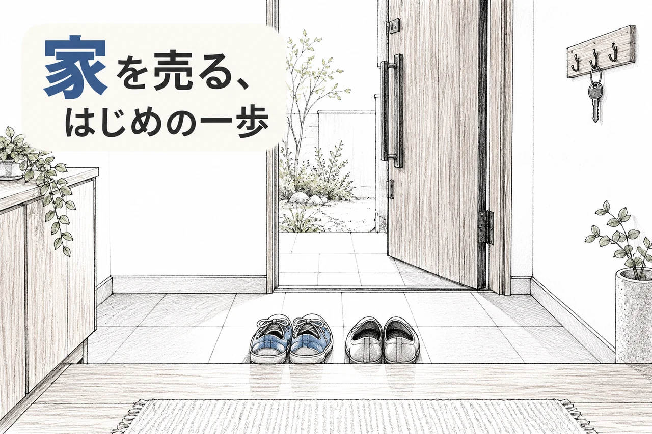 外向きの靴と玄関を描いた鉛筆画