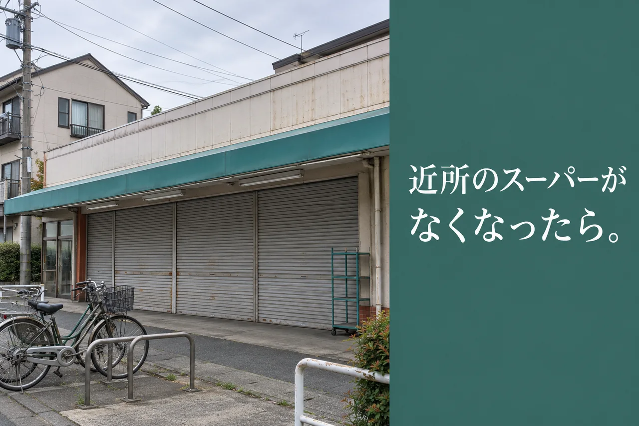 シャッターが下りた小さな商店と自転車置き場