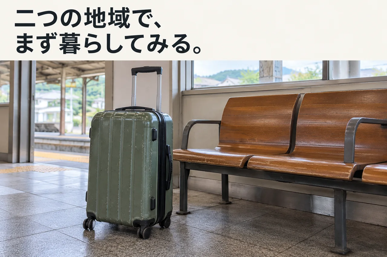地方駅の待合ベンチのそばの小さな旅行かばん