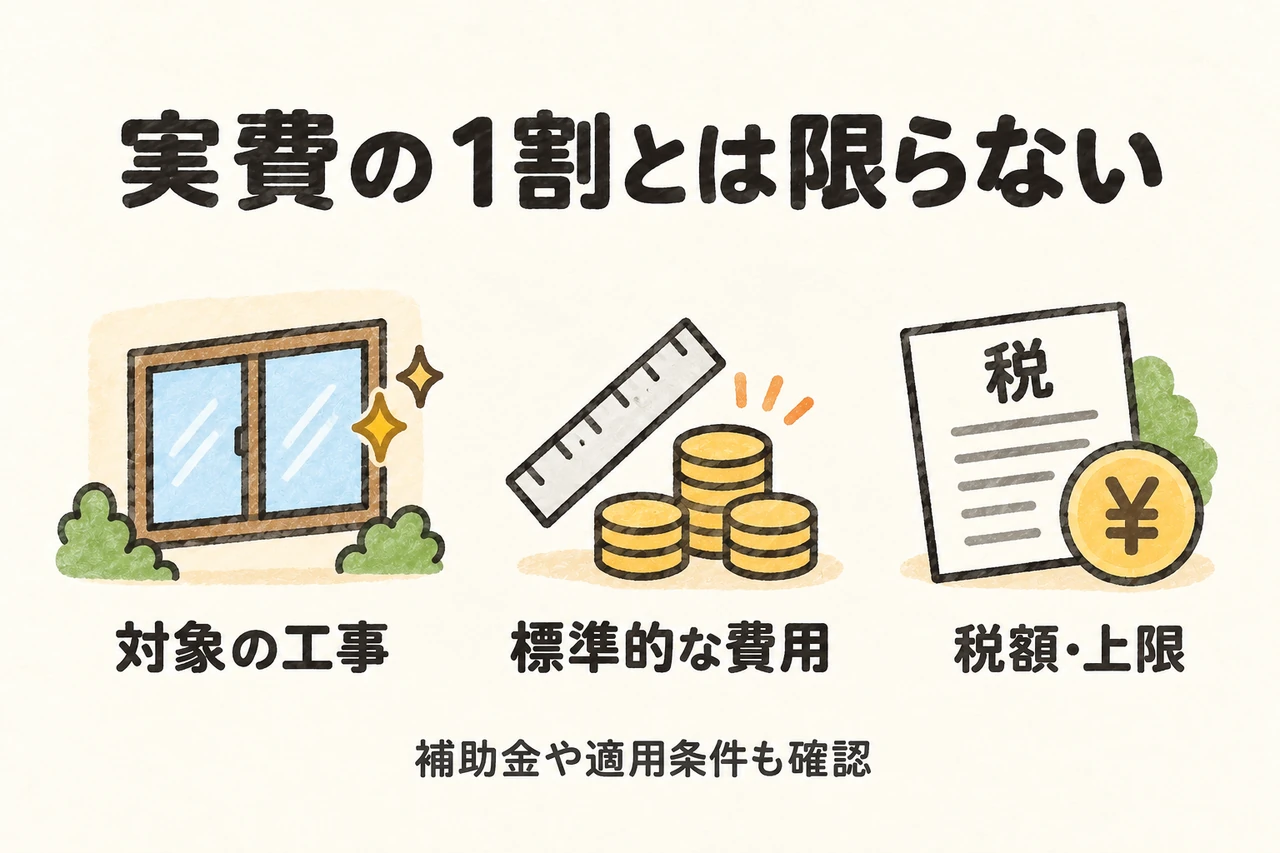 対象工事、標準的な費用、所得税額と控除上限を順に確認します。実費の一律10％が戻る制度ではなく、補助金や工事・居住等の条件も関わります。