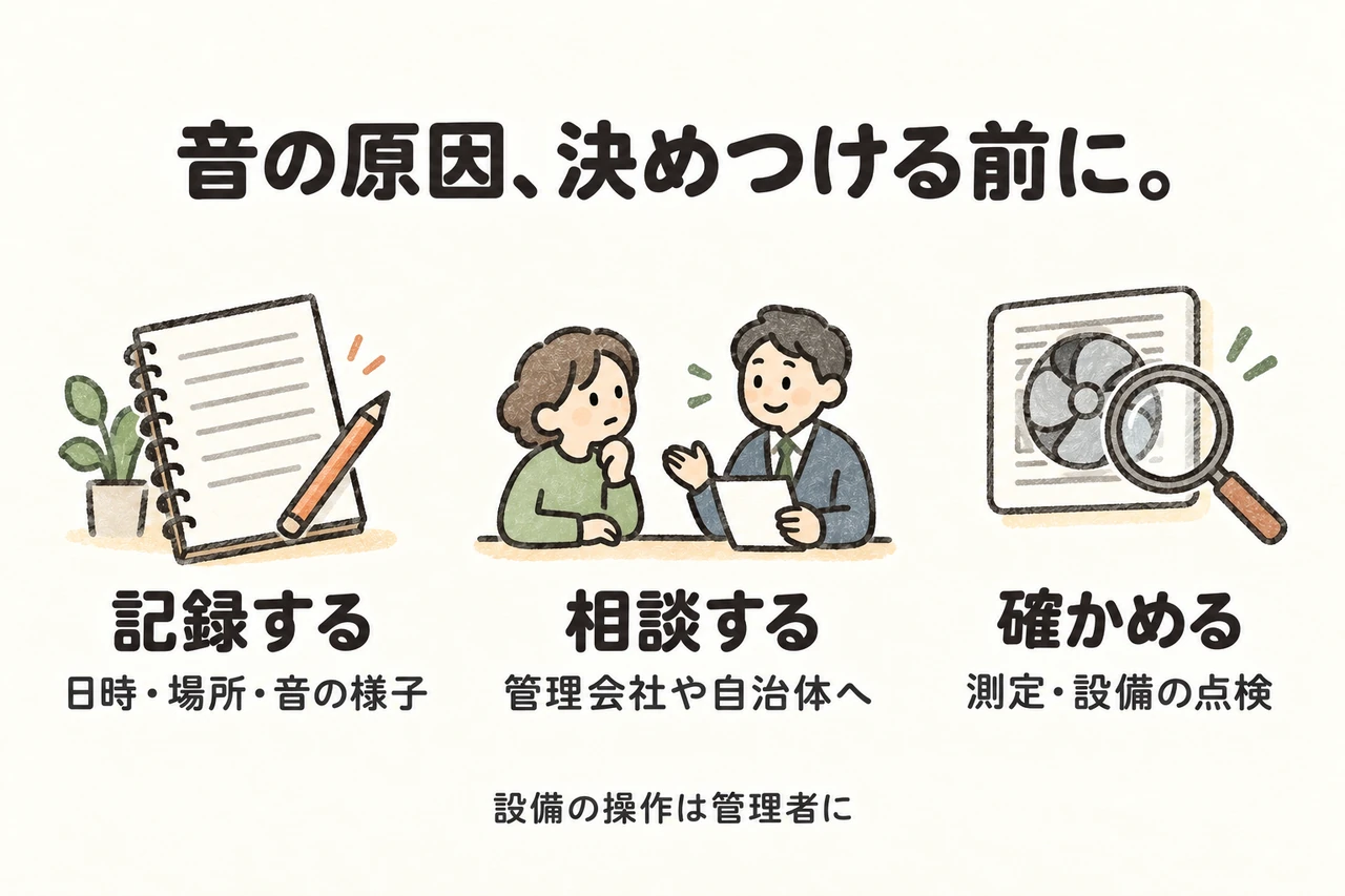 音の原因、決めつける前に。。記録する：日時・場所・音の様子。相談する：管理会社や自治体へ。確かめる：測定・設備の点検。設備の操作は管理者に