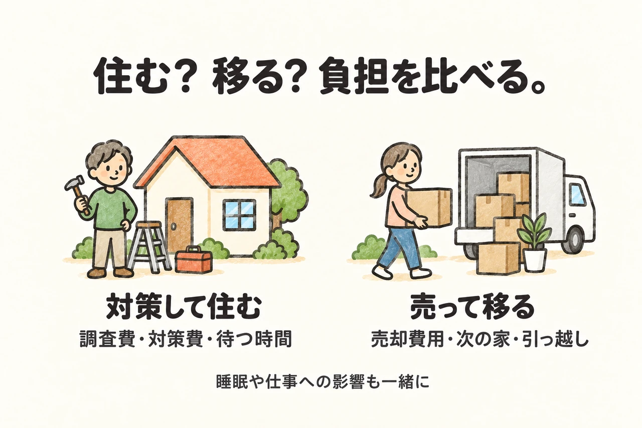 住む？ 移る？ 負担を比べる。。対策して住む：調査費・対策費・待つ時間。売って移る：売却費用・次の家・引っ越し。睡眠や仕事への影響も一緒に