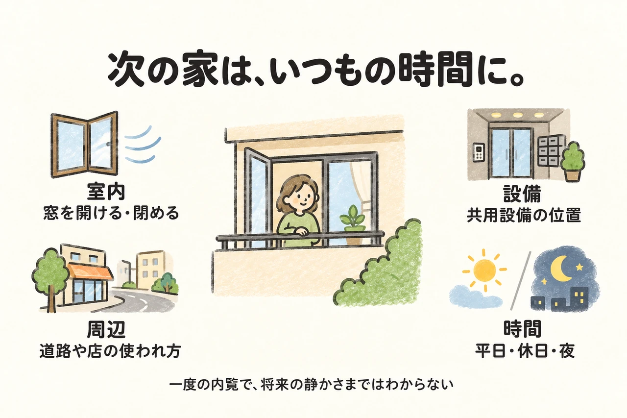 次の家は、いつもの時間に。。室内：窓を開ける・閉める。設備：共用設備の位置。周辺：道路や店の使われ方。時間：平日・休日・夜。一度の内覧で、将来の静かさまではわからない