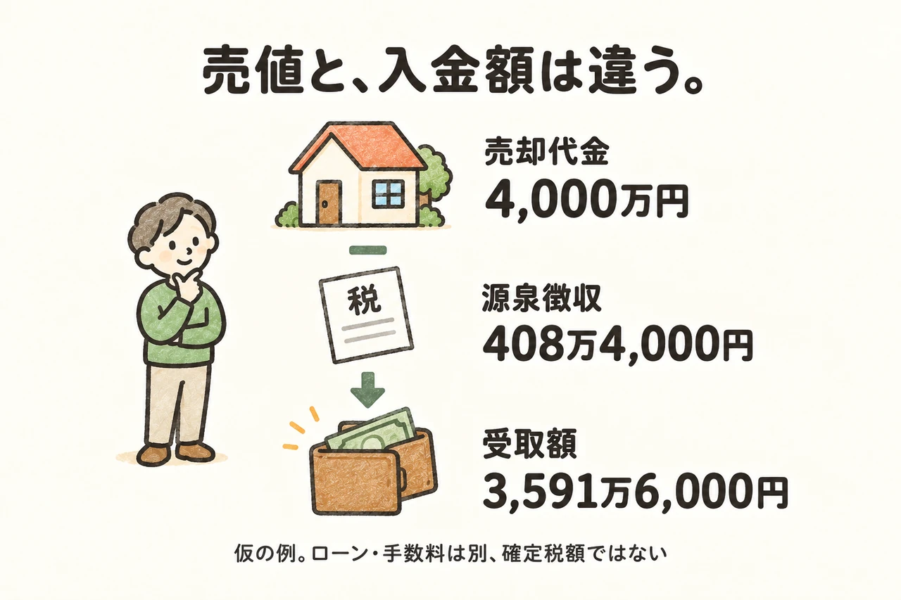 売値と、入金額は違う。。売却代金 4,000万円。源泉徴収 408万4,000円。受取額 3,591万6,000円。仮の例。ローン・手数料は別、確定税額ではない