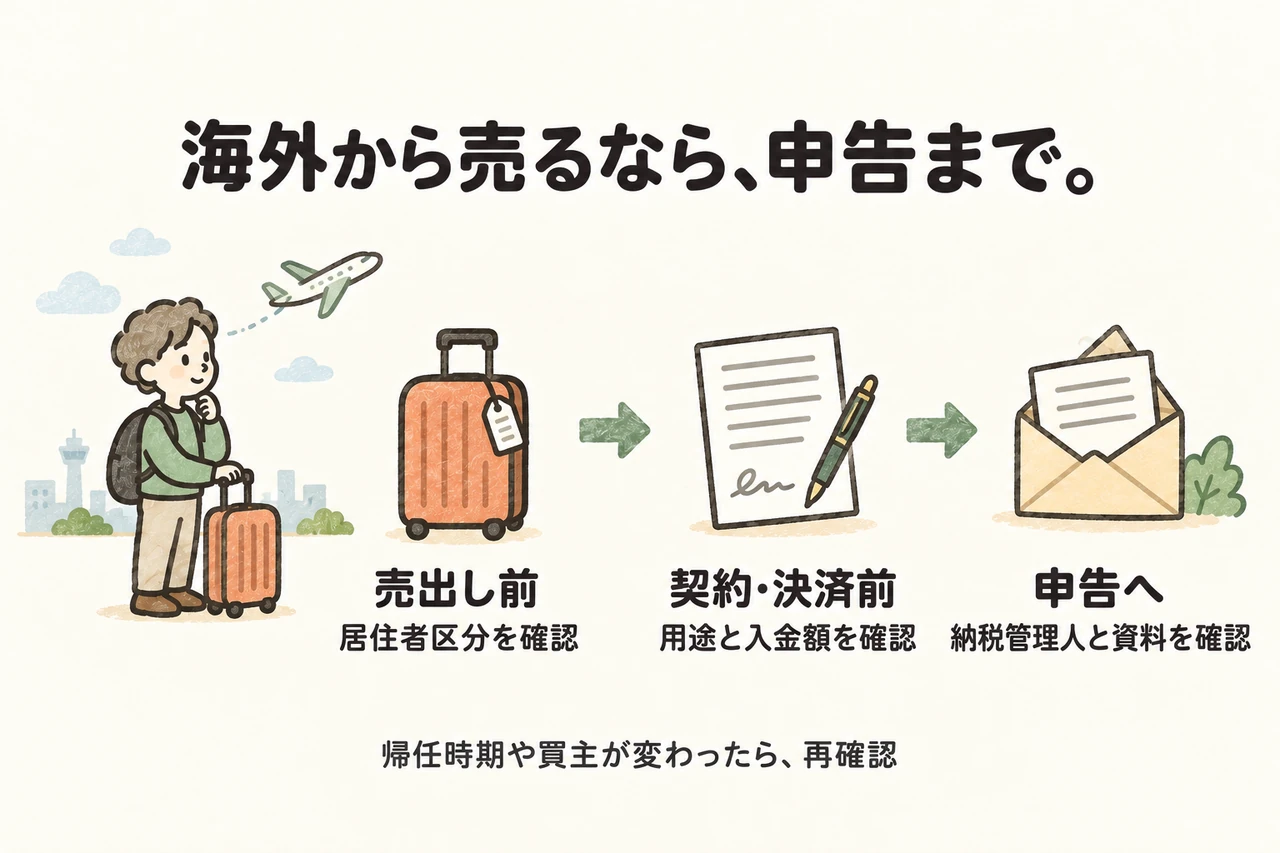 海外から売るなら、申告まで。。売出し前：居住者区分を確認。契約・決済前：用途と入金額を確認。申告へ：納税管理人と資料を確認。帰任時期や買主が変わったら、再確認