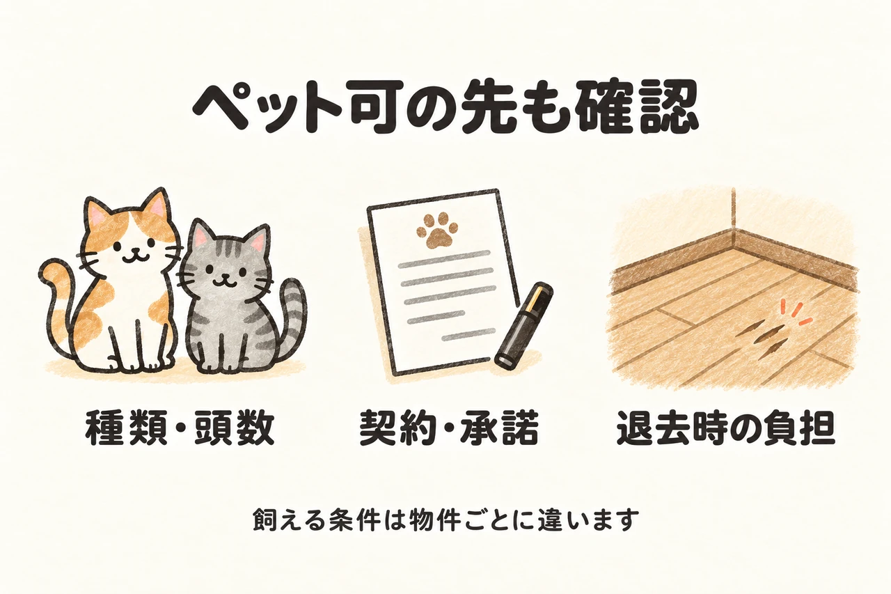 種類・頭数、契約・承諾、退去時の負担を分けて確認します。飼育できる条件や追加費用は物件ごとに異なります。