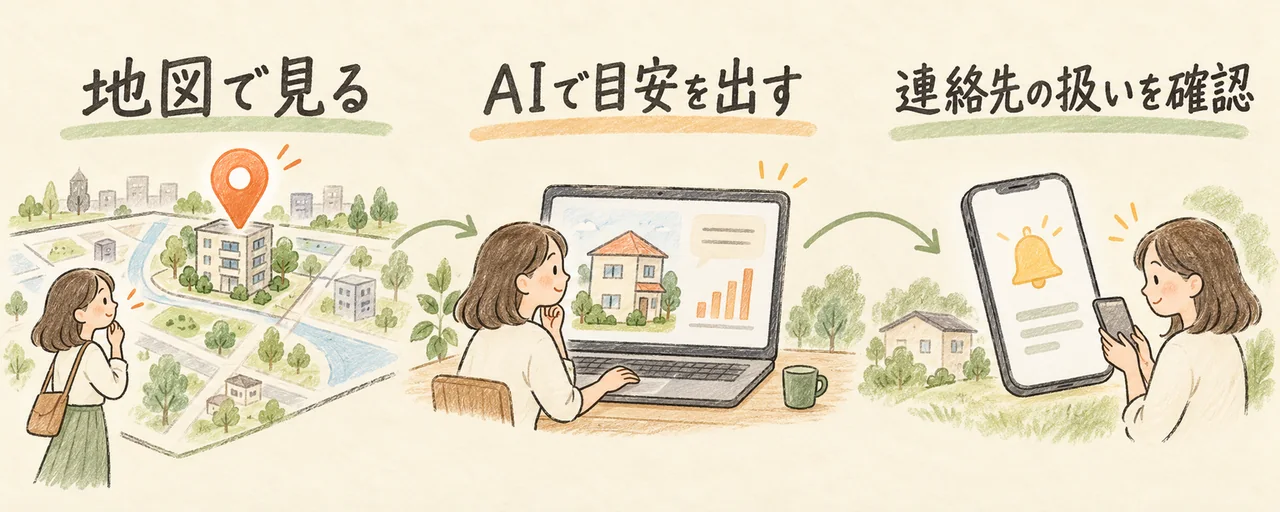地図で見る。AIで目安を出す。連絡先の扱いを確認。本文で各手順と条件を説明しています。