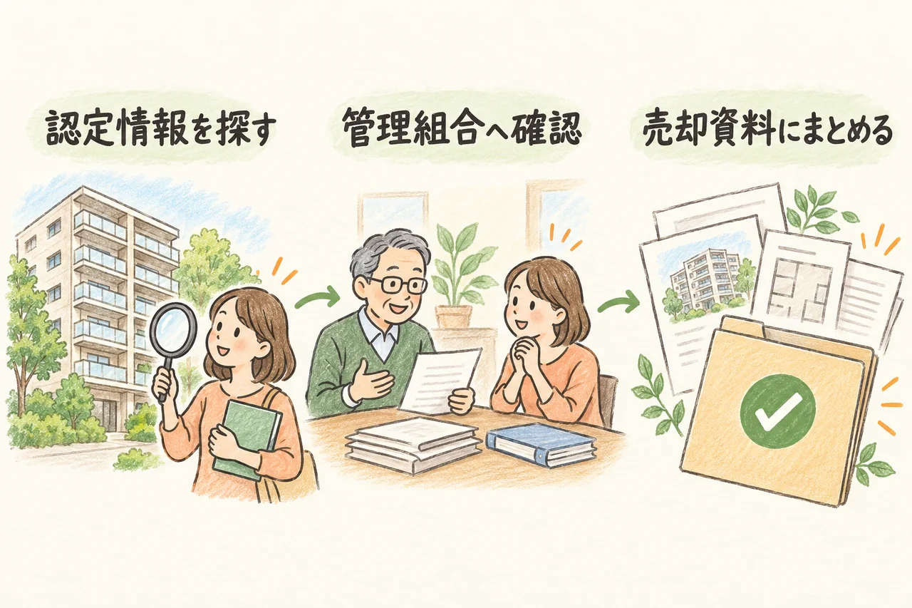 認定情報を探す。管理組合へ確認。売却資料にまとめる。本文で各手順と条件を説明しています。