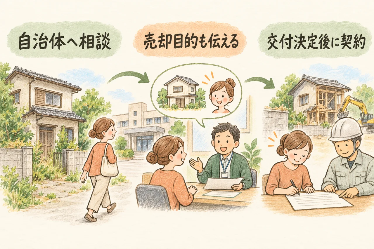 自治体へ相談。売却目的も伝える。交付決定後に契約。本文で各手順と条件を説明しています。
