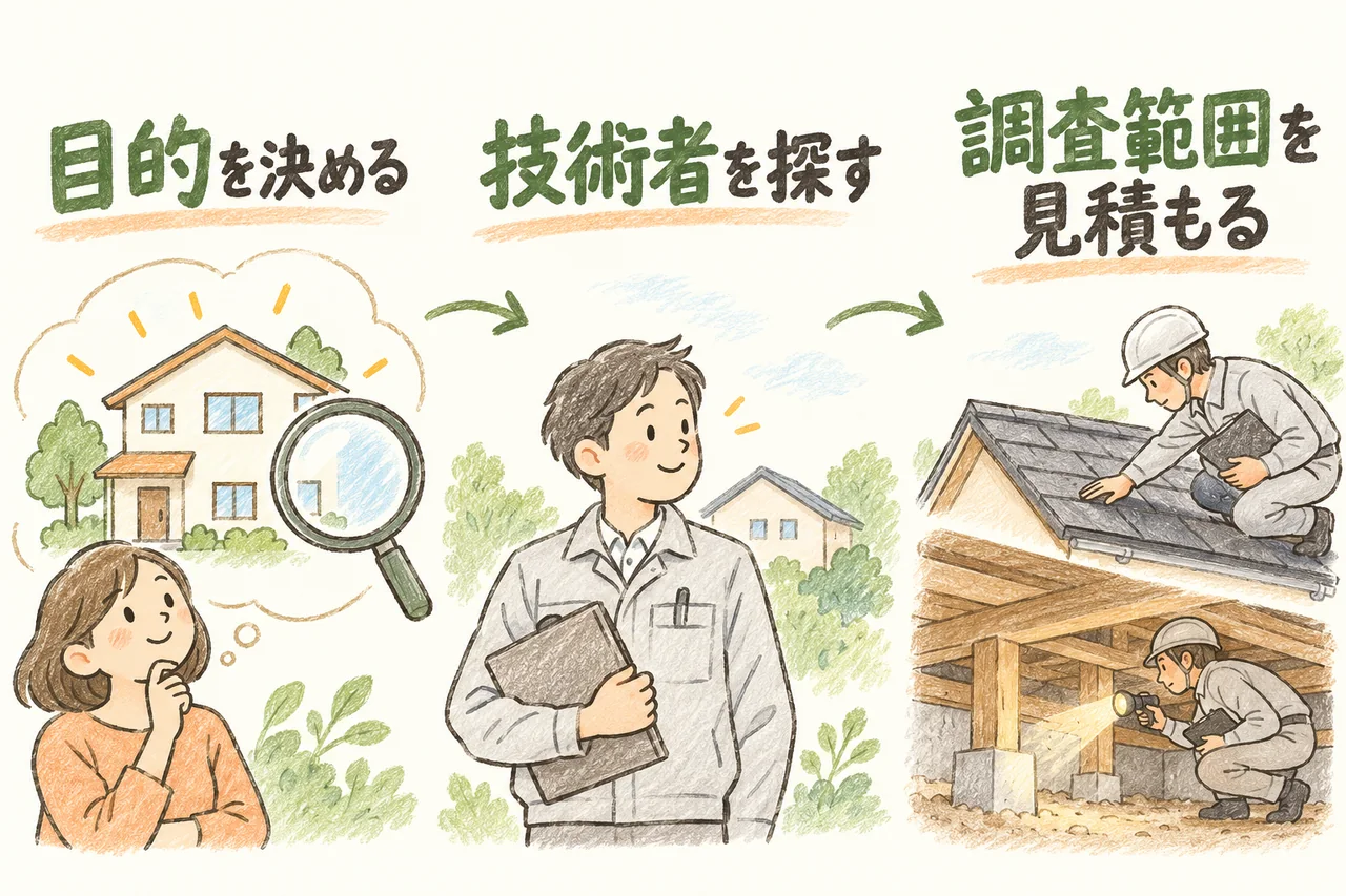 目的を決める。技術者を探す。調査範囲を見積もる。本文で各手順と条件を説明しています。