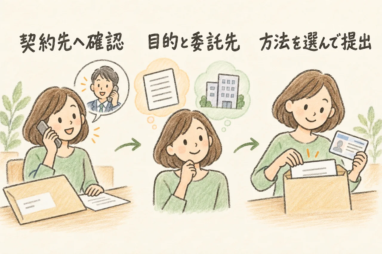 契約先へ確認。目的と委託先。方法を選んで提出。本文で各手順と条件を説明しています。