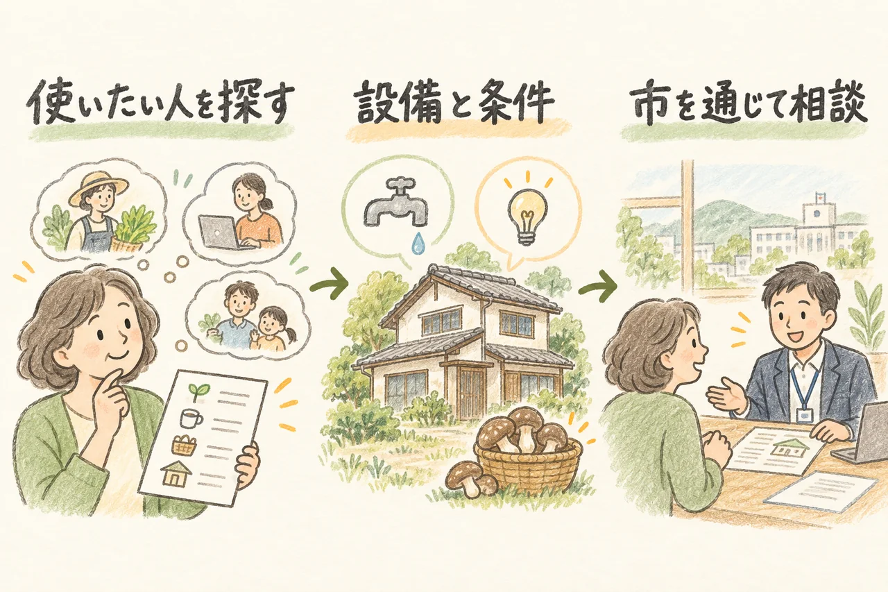 使いたい人を探す。設備と条件。市を通じて相談。本文で各手順と条件を説明しています。