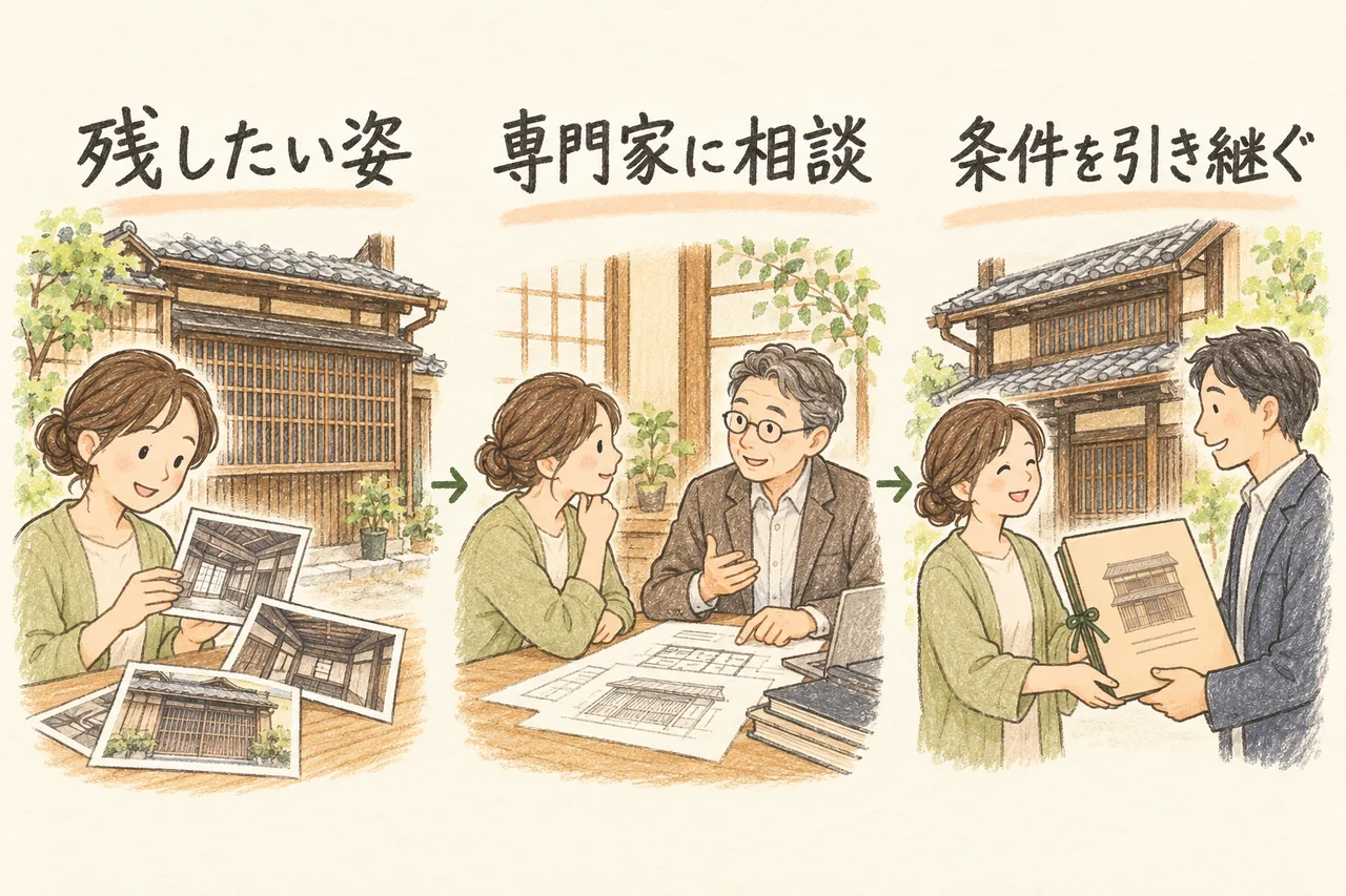 残したい姿。専門家に相談。条件を引き継ぐ。本文で各手順と条件を説明しています。