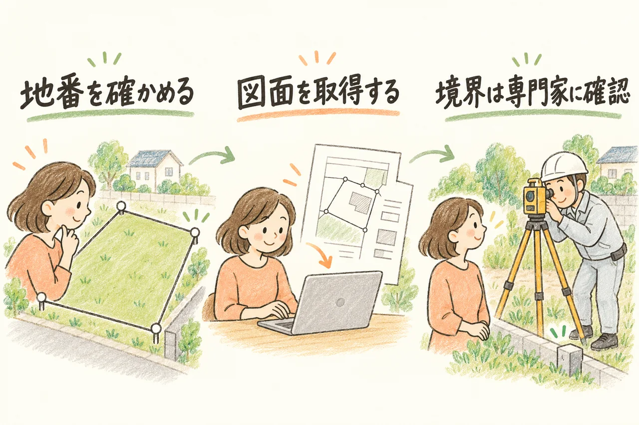 地番を確かめる。図面を取得する。境界は専門家に確認。本文で各手順と条件を説明しています。