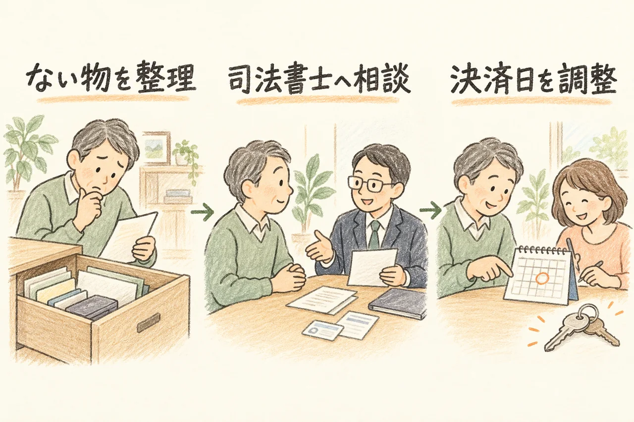 ない物を整理。司法書士へ相談。決済日を調整。本文で各手順と条件を説明しています。
