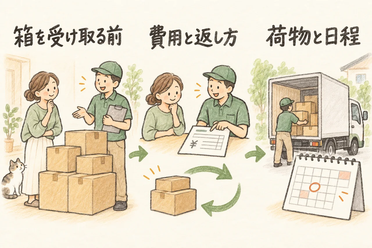箱を受け取る前。費用と返し方。荷物と日程。本文で各手順と条件を説明しています。