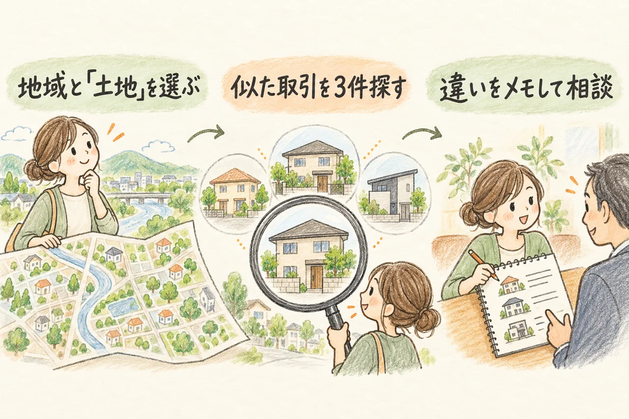 地域と「土地」を選ぶ。似た取引を３件探す。違いをメモして相談。本文で各手順と条件を説明しています。