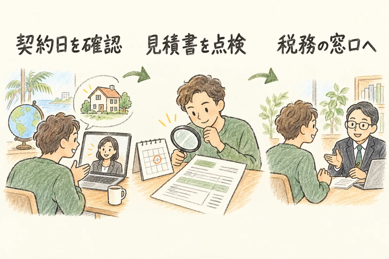 契約日を確認。見積書を点検。税務の窓口へ。本文で各手順と条件を説明しています。