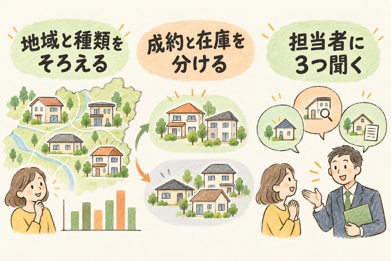 地域と種類をそろえる。成約と在庫を分ける。担当者に３つ聞く。本文で各手順と条件を説明しています。