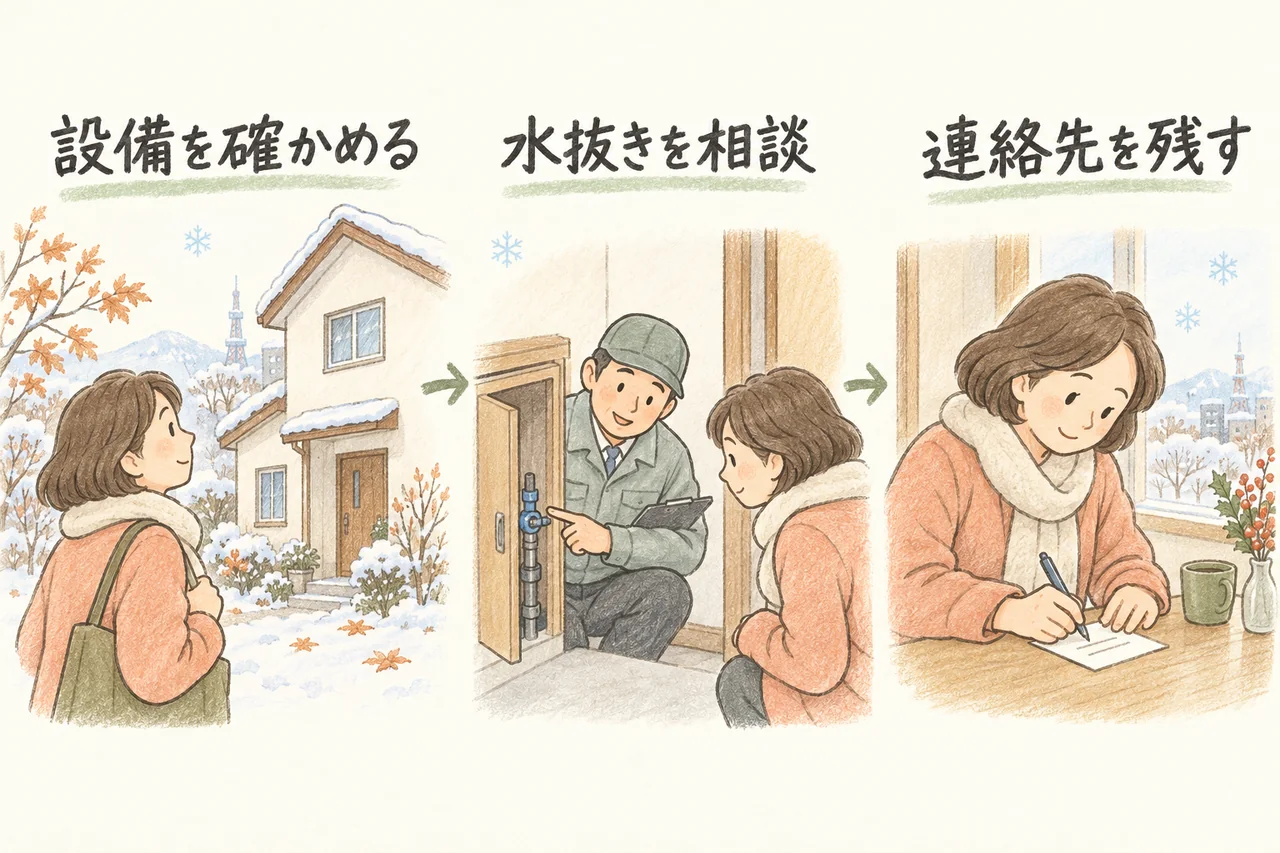 設備を確かめる。水抜きを相談。連絡先を残す。本文で各手順と条件を説明しています。