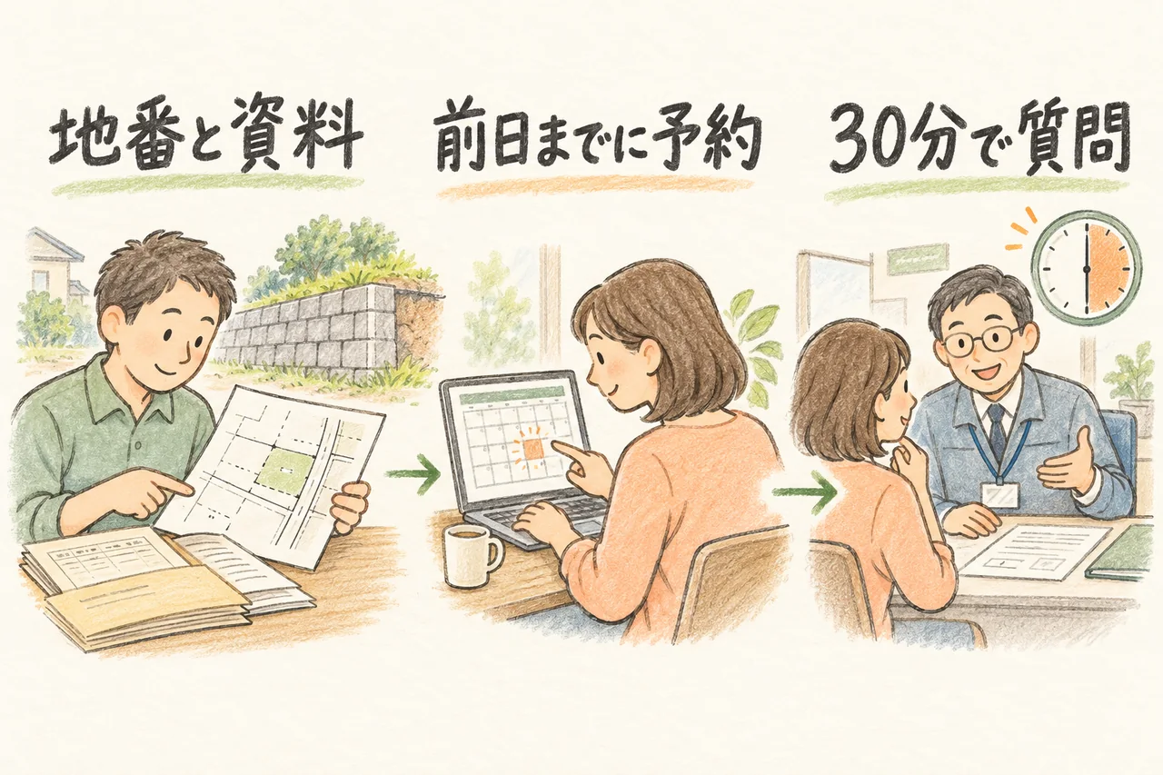 地番と資料。前日までに予約。30分で質問。本文で各手順と条件を説明しています。