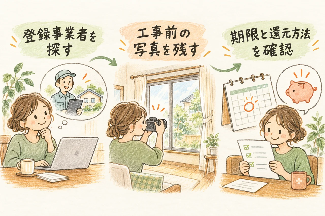 登録事業者を探す。工事前の写真を残す。期限と還元方法を確認。本文で各手順と条件を説明しています。