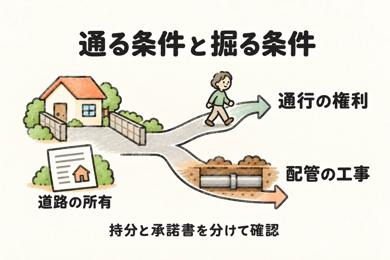 道路の所有関係、通行の権利、配管工事の条件を分けて確認します。持分だけで全工事が自由にできるとも、常に全員同意が必要とも限りません。
