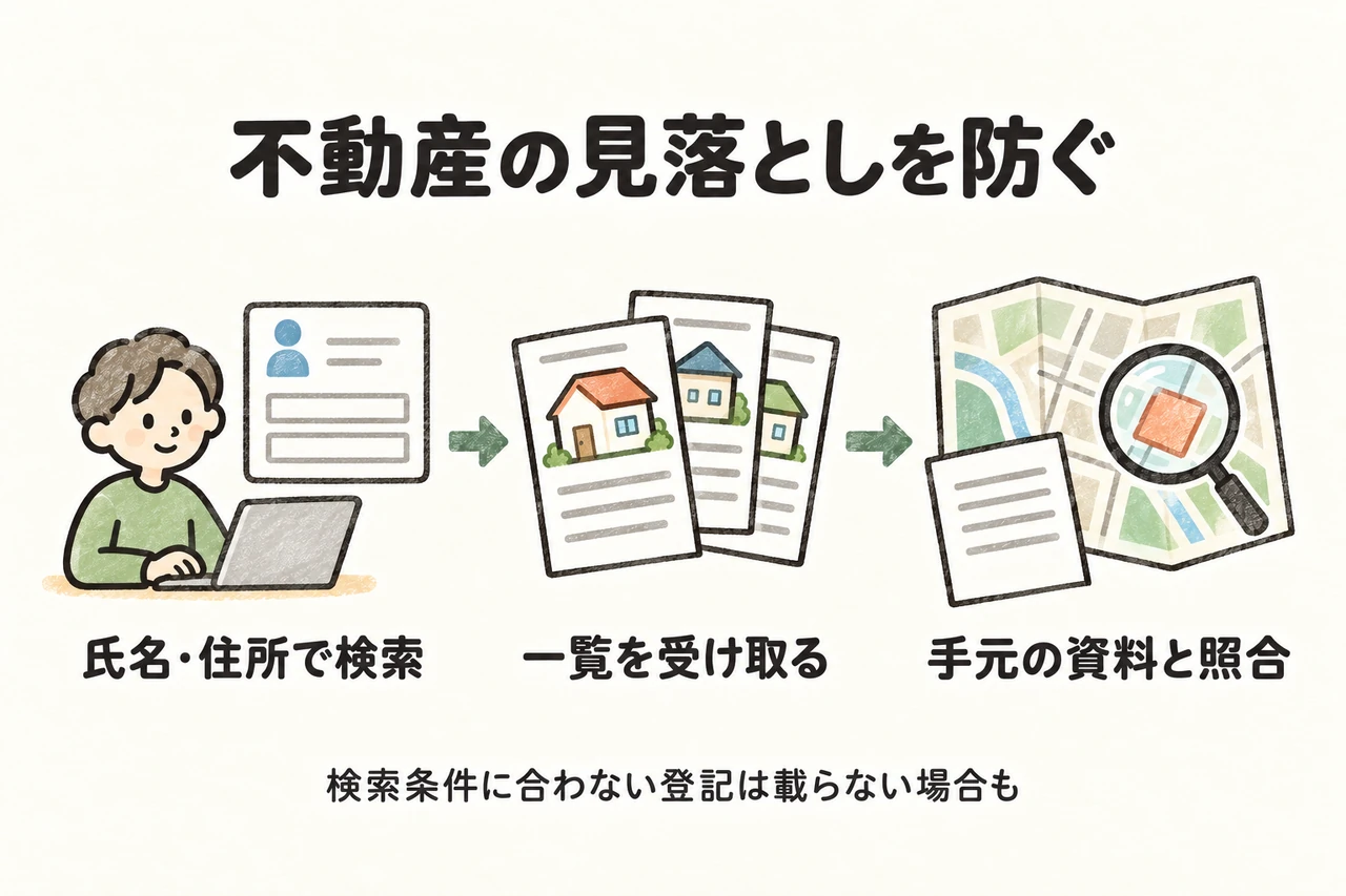氏名・住所等で検索し、受け取った一覧を権利証や名寄帳等と照合します。条件に合わない登記や未登記不動産などは載らず、全財産の網羅を保証する制度ではありません。